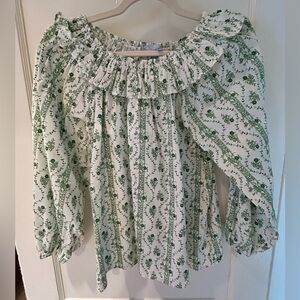 Hill House Green Floral Top - Green & White